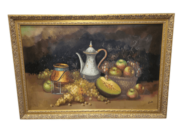 Este impresionante óleo, que representa un bodegón de frutas, es una obra de excelente calidad firmada por el artista González. 