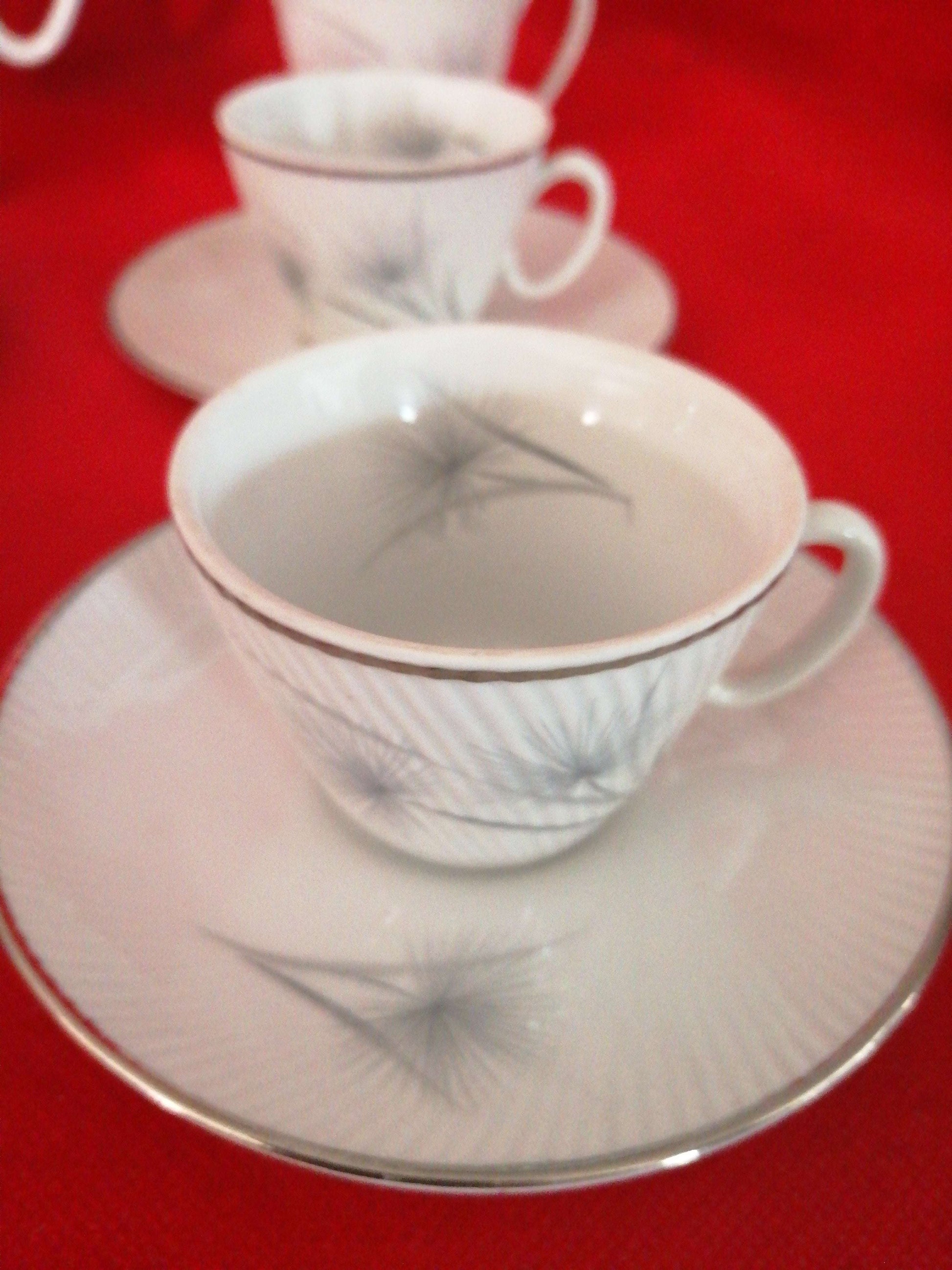 Taza y platillo del juego de café porcelana Santa Clara 6 servicios con diseño clásico sobre fondo rojo, ideal para decoración elegante del hogar.