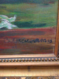 Firma en óleo de florero pintado por B. Guamaras, con marco dorado decorativo, ideal para decoración de interiores en el hogar.