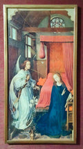 Panel derecho del Tríptico Virgen María mostrando la Anunciación con el ángel Gabriel y María en un entorno interior clásico.