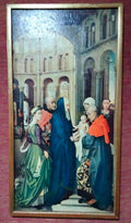 Panel izquierdo del Tríptico Virgen María representando la Presentación de Jesús en el templo con personajes religiosos.