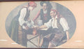 Lamina antigua de escena rural con marco de caoba mostrando a dos hombres y una mujer en vestimenta tradicional sirviendo una jarra en una mesa. Decoración ideal para ambientes rústicos o vintage en el hogar.