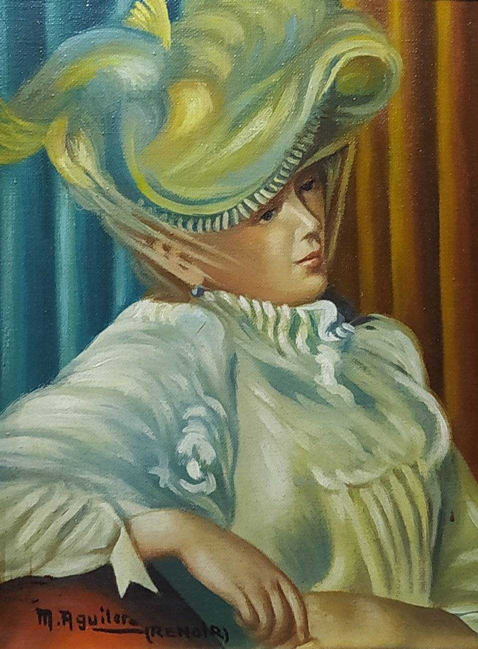 Óleo de señora elegante con sombrero decorativo, enmarcado en marco dorado, estilo clásico ideal para decoración sofisticada.