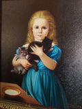 Oleo Niña con Gato - Gatos al Oleo | Arte Decorativo. Pintura al óleo de niña rubia en vestido azul abrazando dos gatos, ideal para decoración vintage.